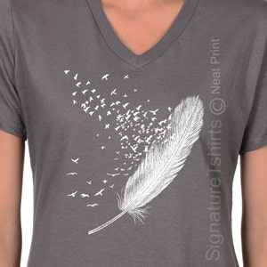 Plus Size Feather Birds Shirt, Graphic Tee, Women V-neck T Shirt, Feather Tshirt, Bird T Shirt Feather Shirt Feather T Shirt Christmas Gift image 3