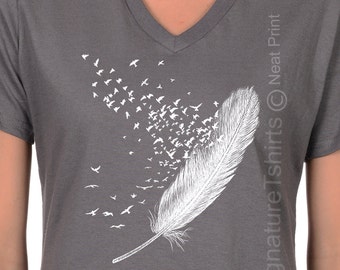 Feather Birds Shirt, Graphic Tee, Women V-neck T Shirt, Feather