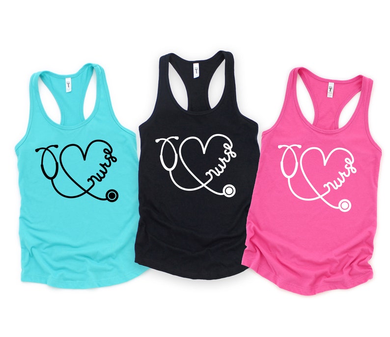 May include: Three tank tops with a stethoscope and heart design and the word "nurse" written inside the heart. The tank tops are turquoise, black, and pink.