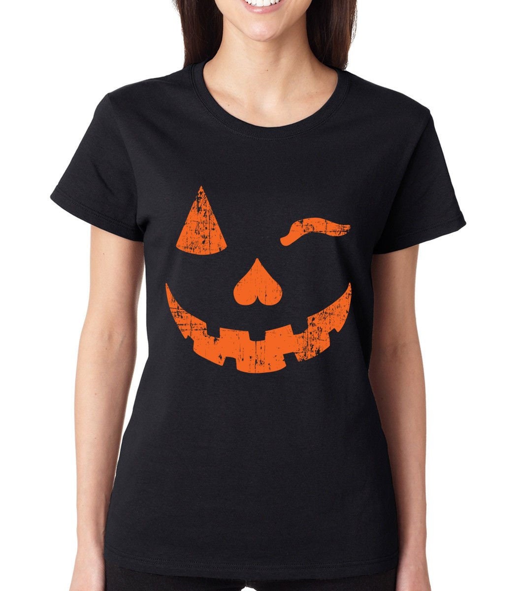 Funny Halloween Shirt Womens Cute Costume Pumpkin Face Winking Graphic ...