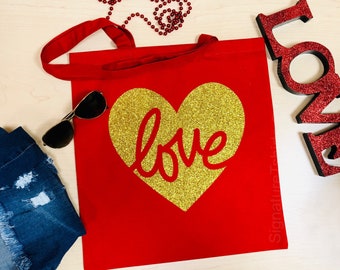 Valentines Day Glitter Gold Heart Tote Bag Canvas Reusable Grocery Bag Gifts for Wife Sister Red Cute gift decorative package for women tee