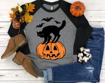Halloween Black cat  Shirt - Bats Pumpkin - Halloween party - Halloween graphic -  Unisex 3/4 sleeve shirt - black cat raglan t-shirt