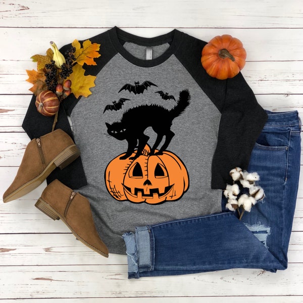 Halloween Black cat  Shirt - Bats Pumpkin - Halloween party - Halloween graphic -  Unisex 3/4 sleeve shirt - black cat raglan t-shirt