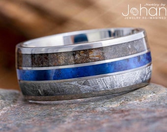 Dinosaur Bone, Meteorite and Lapis Lazuli Men's Wedding Band, Triple Inlay Men's Wedding Band