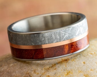 Wood Wedding Band with Meteorite and Rose Gold