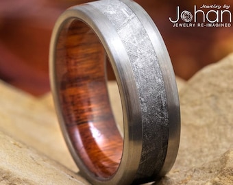 Meteorite & Wood Men's Wedding Band, Meteorite Ring With Dark Wood Inside, Customize With Other Wood Species