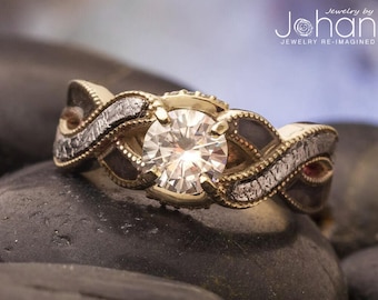 Meteorite & Dinosaur Bone Engagement Ring, Unique Round Cut Moissanite Ring, Fossil Jewelry