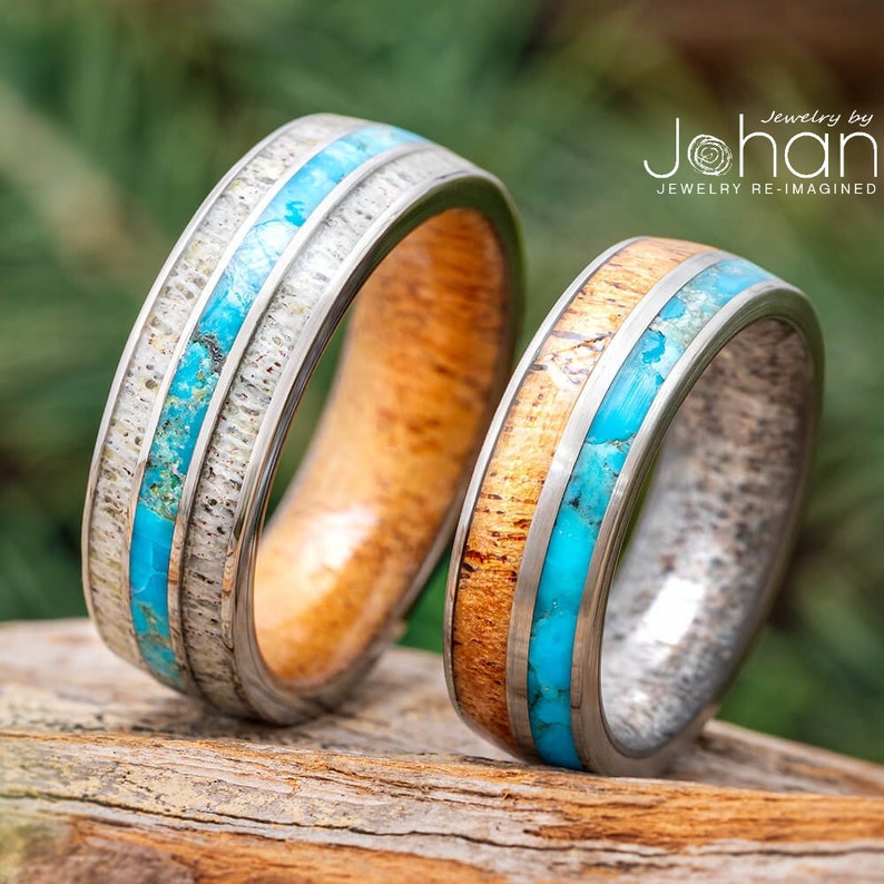 Matching Wood, Antler, and Turquoise Wedding Bands