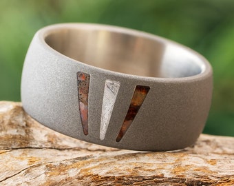 Triple Inlay Wedding Band with Meteorite, Dino Bone, and Ironwood