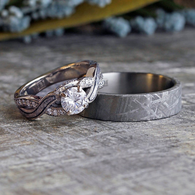 Meteorite Wedding Ring Set Moissanite Engagement Ring and