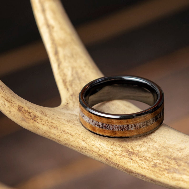 Deer Antler Wedding Band With Whiskey Barrel Oak In Black Ceramic-3764 - Jewelry by Johan