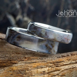 Petrified Wood Wedding Bands in Titanium, Coordinating Wedding Bands With Petrified Wood Inlays