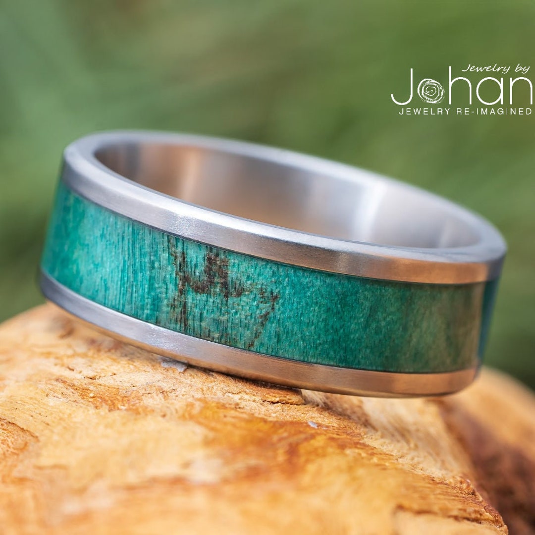 Green Burl Wood Ring With Masculine Finish, Green Wedding Band