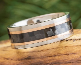 Carbon Fiber Ring with Rose Gold Pinstripes in Titanium