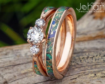 Turquoise Bridal Set with Three Stone Diamond Engagement Ring in Rose Gold