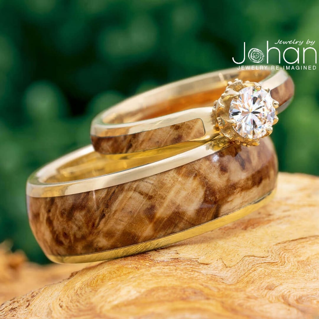 His and Hers Solid Gold Wood Wedding Ring Set Lotus Prong Engagement Ring and Matching Wooden Men s Wedding Band Etsy Canada