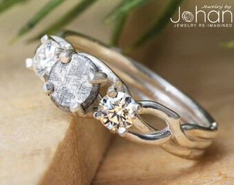 Meteorite & Sapphire Engagement Ring, Sterling Silver Branch Band