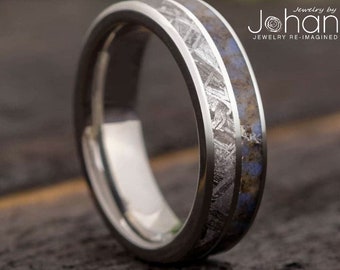 Meteorite & Dino Bone Men's Wedding Band with Pinstripe