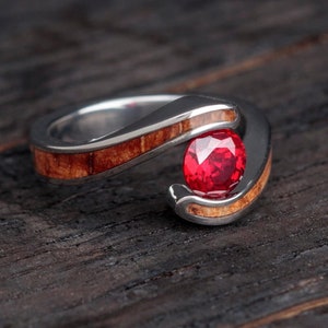 Sapphire & Koa Wood Engagement Ring With Tension Setting, Custom September Birthstone Ring image 2