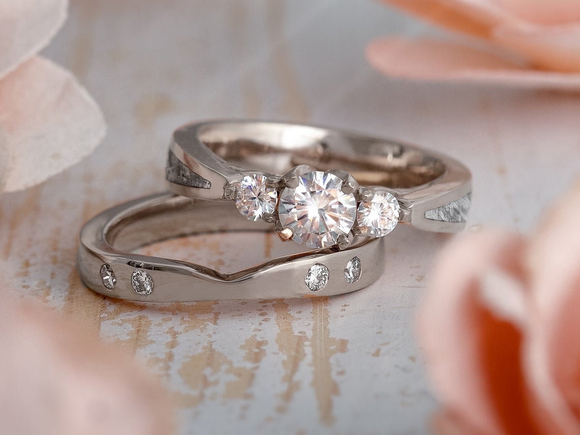 Large, Three Stone Engagement Ring With Meteorite