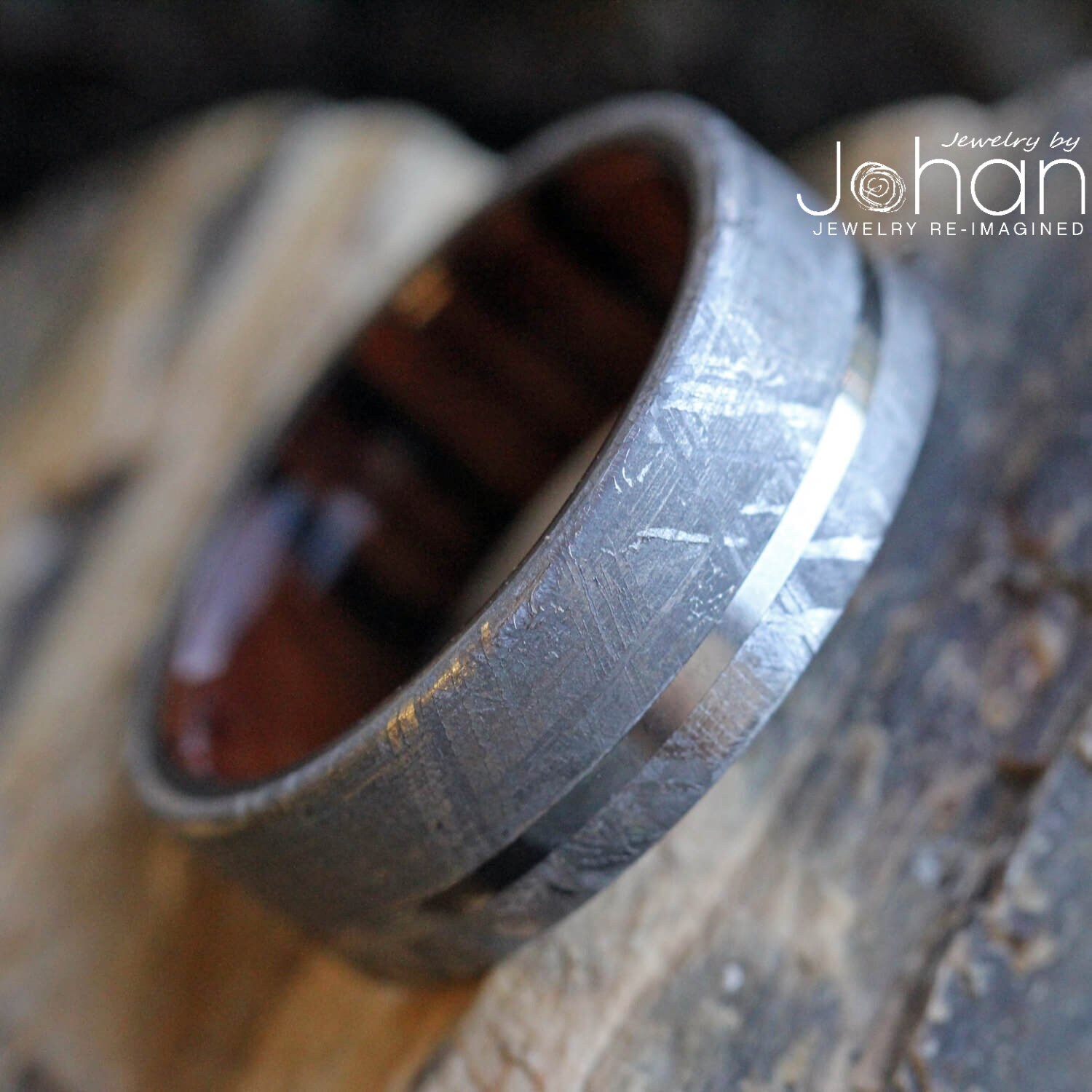 Meteorite & Wood Sleeve Men's Ring, Ring for Man With Dark Wood Inside, Choose from 100+ Wood Types