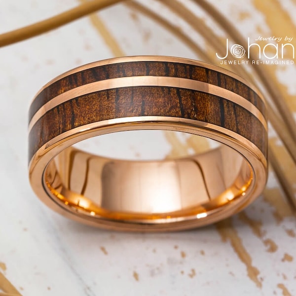 Solid Gold & Wood Men's Wedding Band With Pinstripe, Custom Gold Wood Ring for Groom, Koa Wood or Many Other Wood Choices