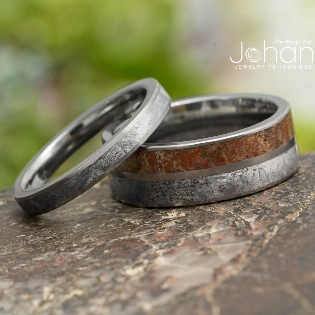 Meteorite Dinosaur Bone Wedding Band Set, Titanium Rings - Etsy