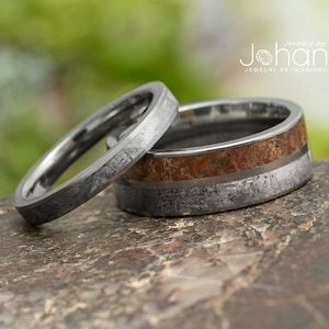 Meteorite & Dinosaur Bone Wedding Band Set, His and His, Hers and Hers, Hers and His Coordinated, Custom Rings