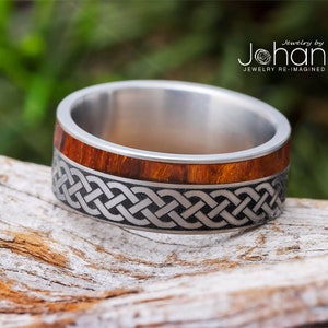 Celtic Men&#39;s Wedding Band with Wood Inlay, Engraved Titanium Ring, Customize With 100+ Wood Options