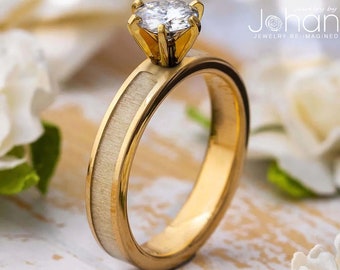 Wood Engagement Ring, Moissanite Solitaire, Yellow Gold, Aspen Inlay