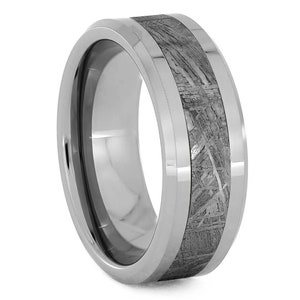 Tungsten Meteorite Wedding Band with Beveled Edges, Authentic Gibeon Meteorite Ring for Groom image 2