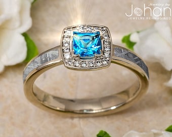 Meteorite & Blue Topaz Halo Engagement Ring