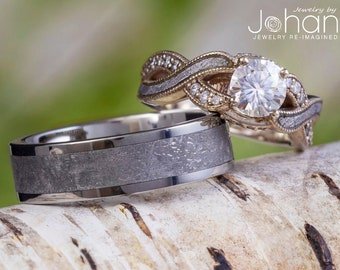 Meteorite Wedding Ring Set, Moissanite Twist Engagement Ring