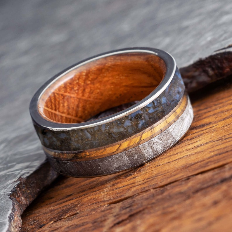 Dinosaur Bone Wedding Band With Gold Pinstripe, Meteorite and Whiskey Barrel Wood Sleeve image 2