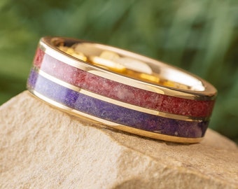 Twin Birthstone Ring with Ruby and Amethyst in Yellow Gold