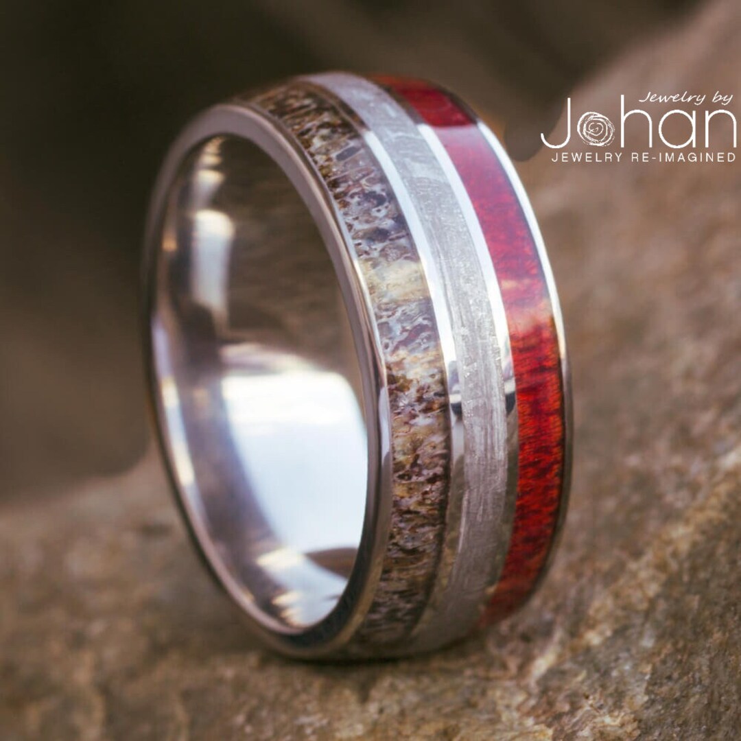 Meteorite, Wood & Antler Men's Wedding Band, Unique Men's Ring With ...
