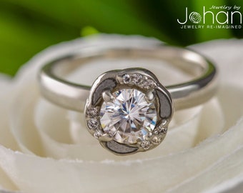 Flower Shaped Engagement Ring With Meteorite and Moissanite