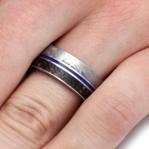 Titanium Band With Meteorite, Dinosaur Bone and Blue Enamel Stripe-1467 - Jewelry by Johan