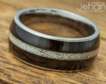 Blackwood & Antler Men's Wedding Band, Black Ring for Groom, Custom Antler Ring, Double Inlay Wedding Band