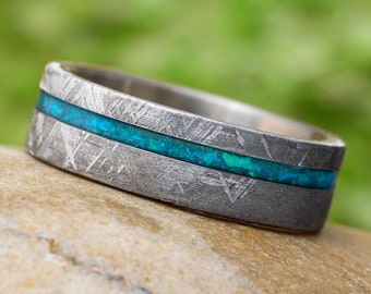 Gibeon Meteorite Wedding Band With Crushed Opal Strip, Titanium Ring