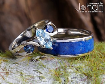 Blue Wedding Ring Set, Lapis Lazuli Men's Wedding Band & Three Stone Engagement Ring With Marquise Cut Stone