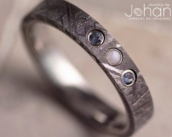 Aquamarine & Meteorite Wedding Ring, Meteorite Ring With Bezel Set Stones