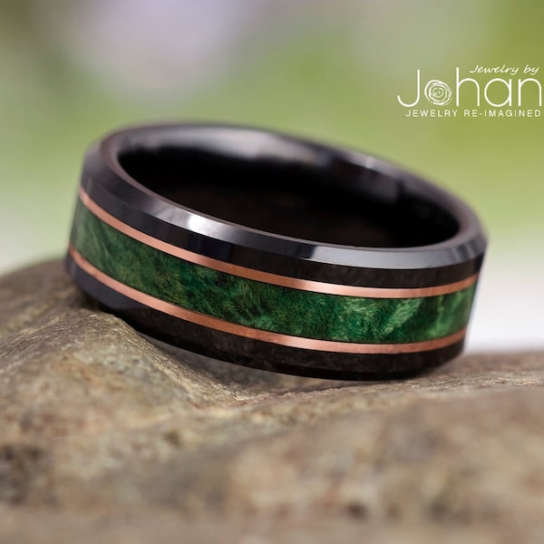 Green Wedding Ring With Copper Pinstripes, Black & Green Ring for Groom, Manly Black Wedding Band