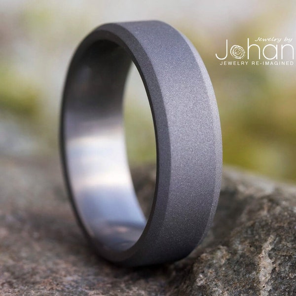 Simple Titanium Wedding Band With Sandblasted Finish And Beveled Edges