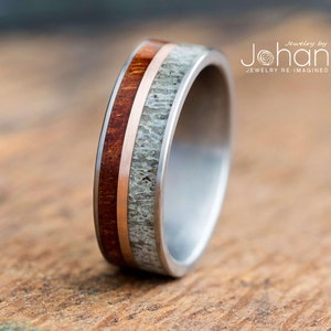 Natural Deer Antler Wedding Band with Rose Gold and Koa Wood