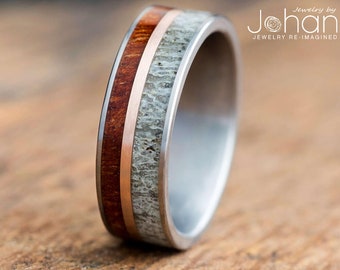 Natural Deer Antler Wedding Band with Rose Gold and Koa Wood