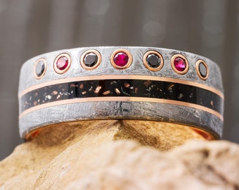 Meteorite Wedding Band With Stardust and Gemstones