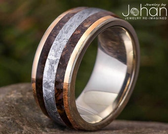 Dinosaur Bone & Gibeon Meteorite Men's Wedding Band With Rose Gold Pinstripes