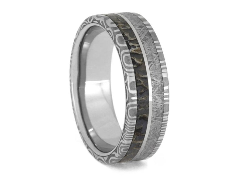 8 Mm Mariage Bande Bague pour hommes femmes en acier inoxydable avec météorite Inlay Fashion