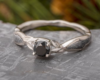 Solitaire Black Diamond Engagement Ring with Meteorite Branches